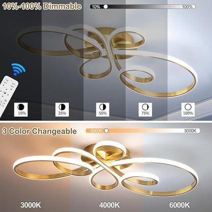 56W Modern LED Ceiling Light, Flower Flush Mount Light Fixture with Remote Control Gold Dimmable Ceiling Lamp for Living Room, Bedroom, Dining Room, Hallway, Kitchen
