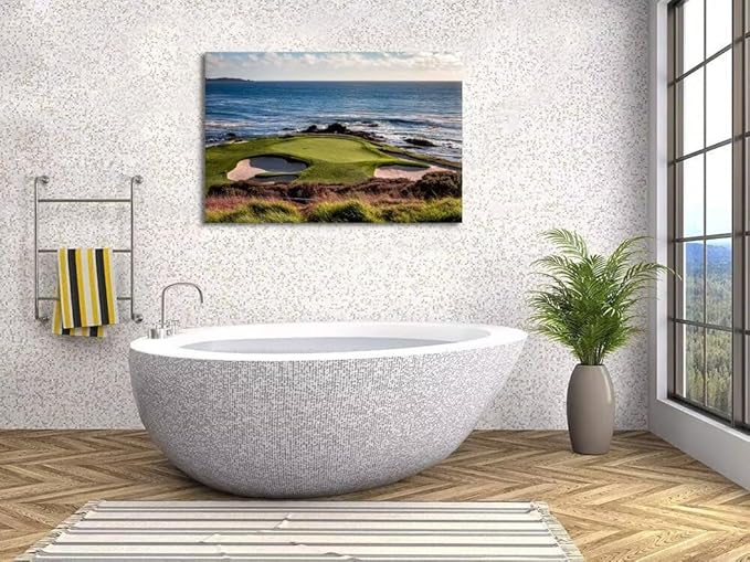 chenchenArt California Coastline Golf Course Wall Art Prints USA Golf Course Canvas Wall Decor for Living Room Bedroom Bathroom Home Decorations Painting Framed Ready to Hang(18''H x 24''W)