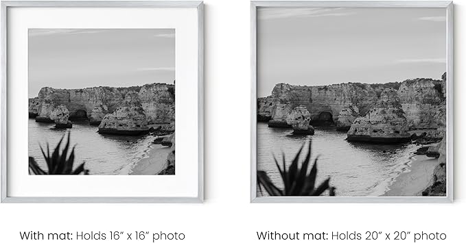 HAUS AND HUES 20x20 Silver Metal Picture Frames Matted to 16x16 - Premium Aluminum with Hanging Hardware, Shatterproof Plexiglass - Ideal for Home or Office (20x20 in, Silver, Set of 6)