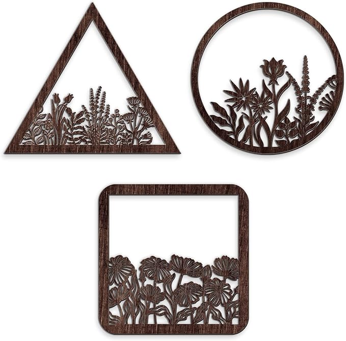 Blulu 3 Pieces Wall Art Wood Wall Pediments Sacred Boho Art Wooden Floral Decor Minimalist Floral Hanging Flower Artwork for Home Dining Room(10 Inch,Brown)
