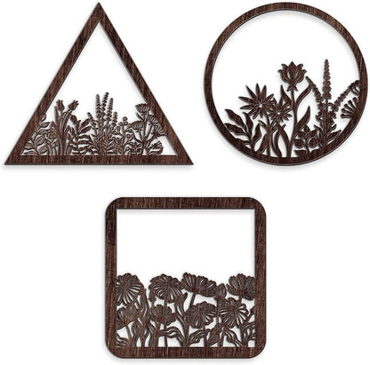 Blulu 3 Pieces Wall Art Wood Wall Pediments Sacred Boho Art Wooden Floral Decor Minimalist Floral Hanging Flower Artwork for Home Dining Room(10 Inch,Brown)