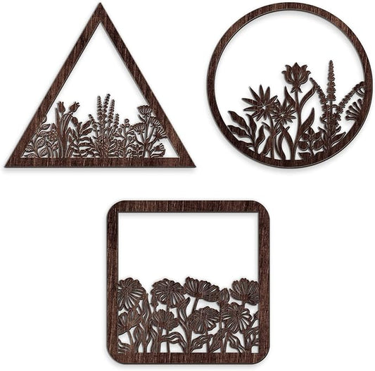 Blulu 3 Pieces Wall Art Wood Wall Pediments Sacred Boho Art Wooden Floral Decor Minimalist Floral Hanging Flower Artwork for Home Dining Room(10 Inch,Brown)