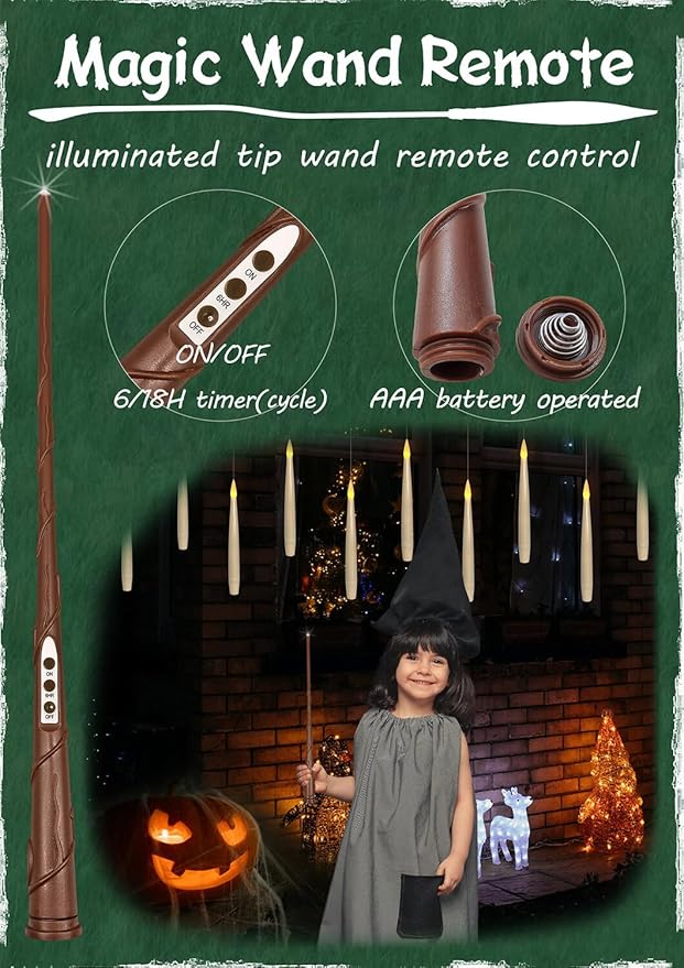 Leejec Floating Candles with Magic Wand Remote(6/18H Timer), 12pcs 6.1" Hanging Flameless Taper Candles, Battery Operated Flickering Warm Light, Halloween Christmas Gift, Wedding Party Decor (Ivory)