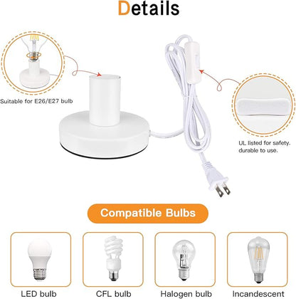 Helunsi Industrial Table Lamp Base - E26/E27 Edison Light Bulb Stand, Exposed Bulb, Simple Metal, 5.8ft Cord Switch Plug, White