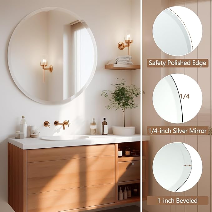 30 Inch Round Frameless Bathroom Mirror, Beveled Round Mirror, Circle Vanity Mirror with 1" Beveled Edge for Bathroom, Entryways, Living Room