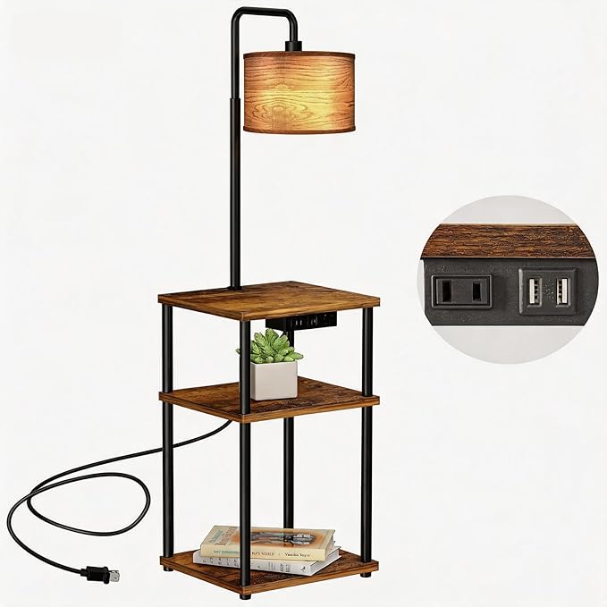 Floor Lamp with Table, Shelves, Side Table with USB Charging Port and Outlet, Modern Bedside Nightstand End Table with Lamp for Living Room, Bedroom, Guest Room, Bulb Included, Wood Grain