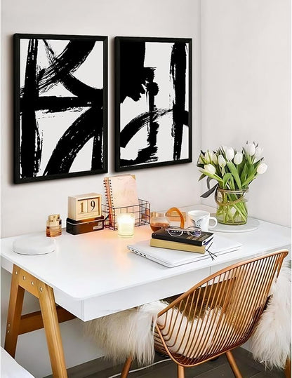 Black and White Wall Art Abstract Modern Painting Minimalist Line Canvas Wall Art Decor Black And White Poster Abstract Artwork Prints for Living Room Bedroom 12x16 Inch Wood Framed Set of 2
