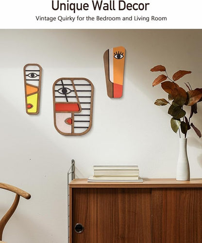 LIFVEAN Abstract Wood Picasso Wall Art Decor - Large Size Modern Minimalism Mask Home Wall Decor - Vintage Pop Wall Art for Bedroom Bathroom Living Room, (3 Piece)