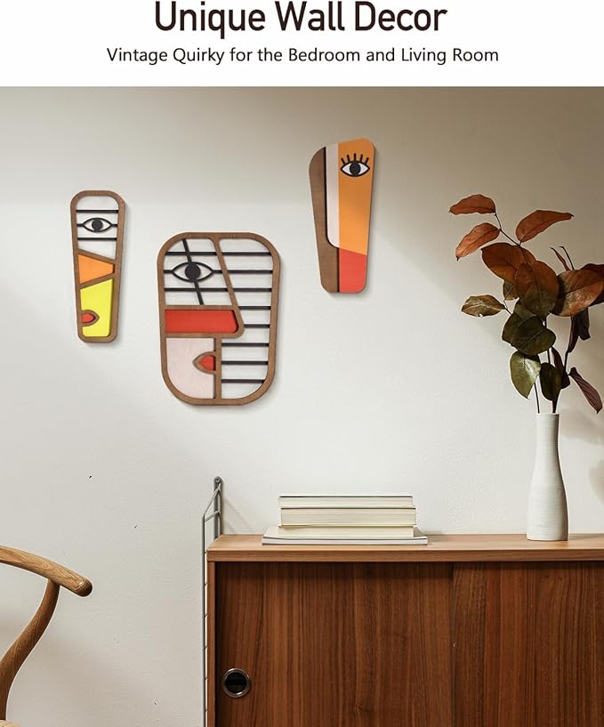 LIFVEAN Abstract Wood Picasso Wall Art Decor - Modern Minimalism Mask Home Wall Decor - Vintage Pop Wall Art for Bedroom Bathroom Living Room (3 Piece)