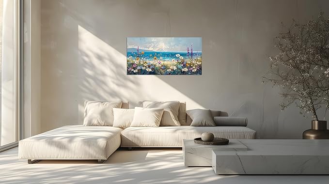 TutuBeer 1 Pcs Boho Beach Coastal Vintage Floral Wall Picture Rustic Wildflower Field Vintage Wall Art Canvas Prints Daisy Flowers Sea Canvas Print Farmhouse Wall Art for Home Wall Decor 8x16inch
