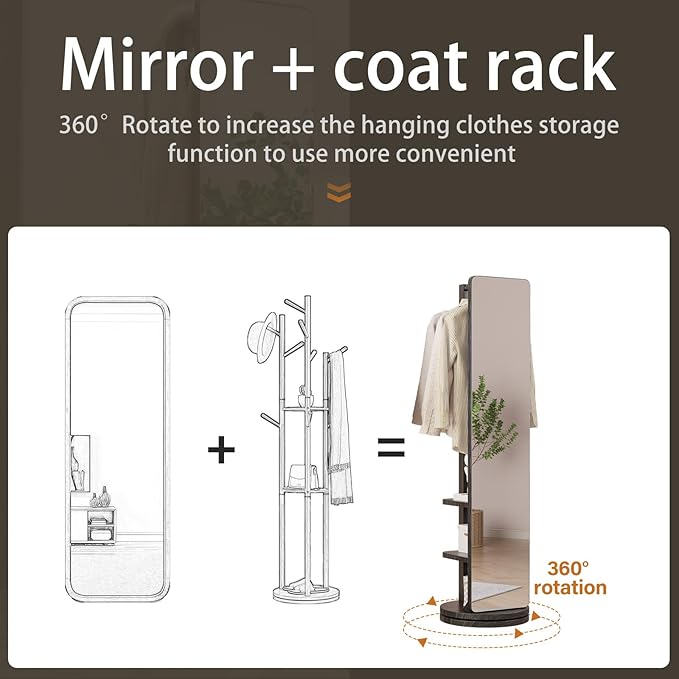 WoodsWhisper Full Length Mirror Coat Rack Solid Wood Floor Mirror 66"x12" Full Length Mirror with Stand Long Mirrors for Bedroom,Living Room (Black, 66" Lx12 W)