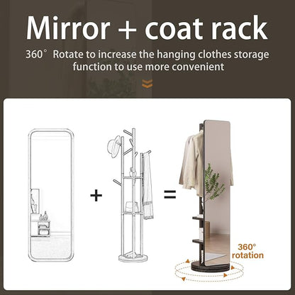 WoodsWhisper Full Length Mirror Coat Rack Solid Wood Floor Mirror 66"x12" Full Length Mirror with Stand Long Mirrors for Bedroom,Living Room (Black, 66" Lx12 W)