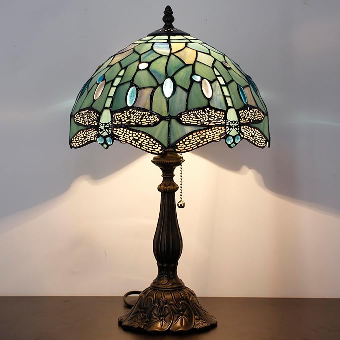 Tiffany Table Lamp Stained Glass Lamp 12X12X19 Inch Antique Reading Light (Sea Blue Dragonfly Style)
