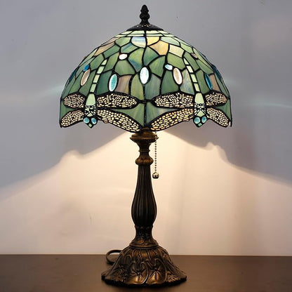 Tiffany Table Lamp Stained Glass Lamp 12X12X19 Inch Antique Reading Light (Sea Blue Dragonfly Style)