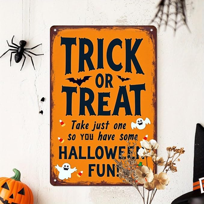 Trick or Treat Halloween Metal Tin Sign Vintage Halloween Wall Decor for Home Kitchen Entryway and Office Rustic Halloween Decorative Signs Metal Poster 8x12 Inch