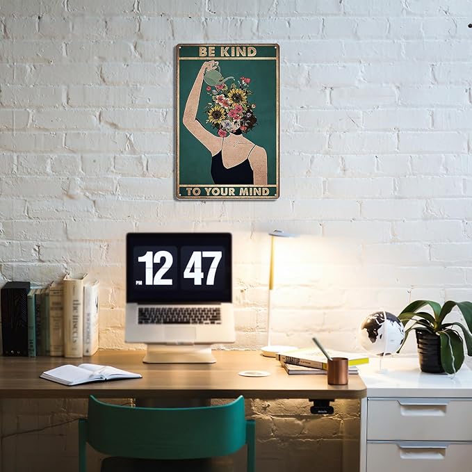 Fmcmly Be Kind to Your Mind Vintage Tin Signs Hippie Boho Wall Art Encouragement Gifts for Women Home Office Bedroom Living Room Cafes Wall Decor 8x12 Inch