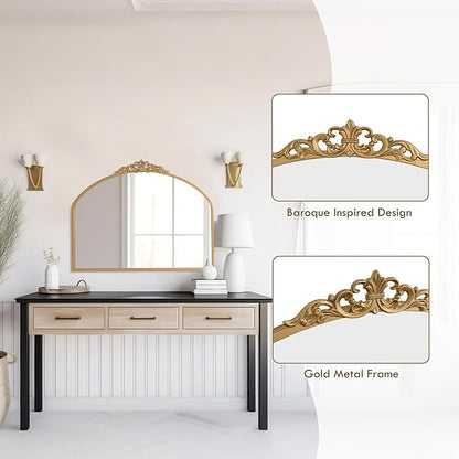 Gold Vintage Arched Wall Mirror 36x29 Antique Baroque Ornate Mirror with Carved Pattern Top and Metal Frame for Bathroom Living Room Entryway Fireplace Hallway