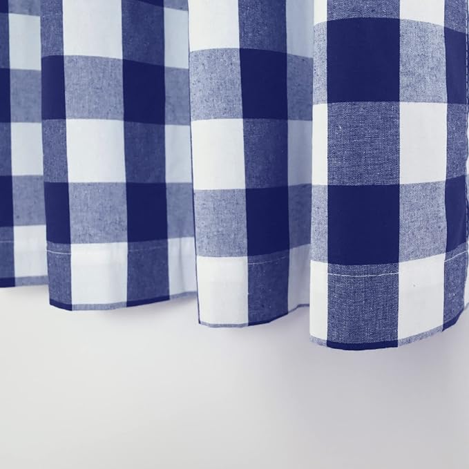 3 Pc Cotton Classic Country Farmhouse Kitchen Window Curtain Grommet Top -Navy Blue & White Buffalo Check Tier & Valance Set, 54" x 18" / 32" x 24"