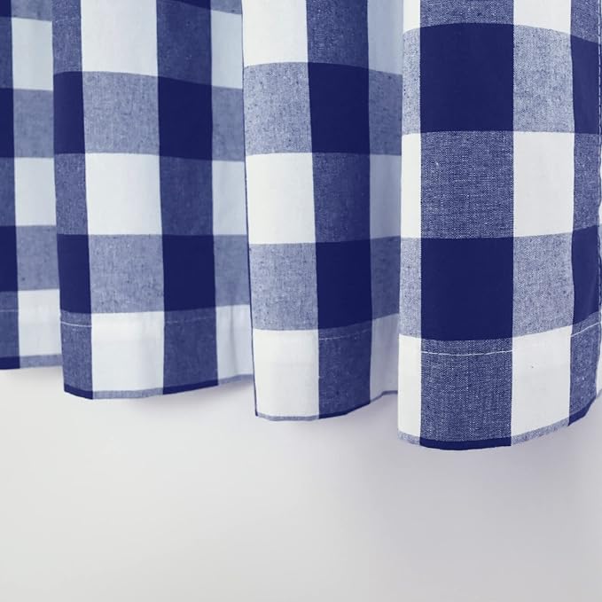 3 Pc Cotton Classic Country Farmhouse Kitchen Window Curtain Grommet Top -Navy Blue & White Buffalo Check Tier & Valance Set, 54" x 18" / 32" x 30"