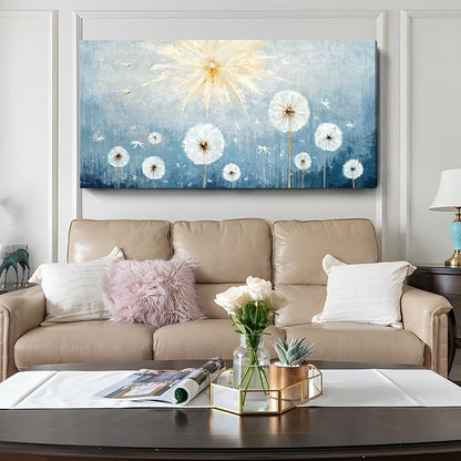 Nicetop Oversized Wall Art for Living Room – Extra Large Blue and White Floral Landscape Canvas Print, Botanical Wildflower Dandelion Picture, Nature Artwork for Big Bedroom Office Decor, 58x29 Inch