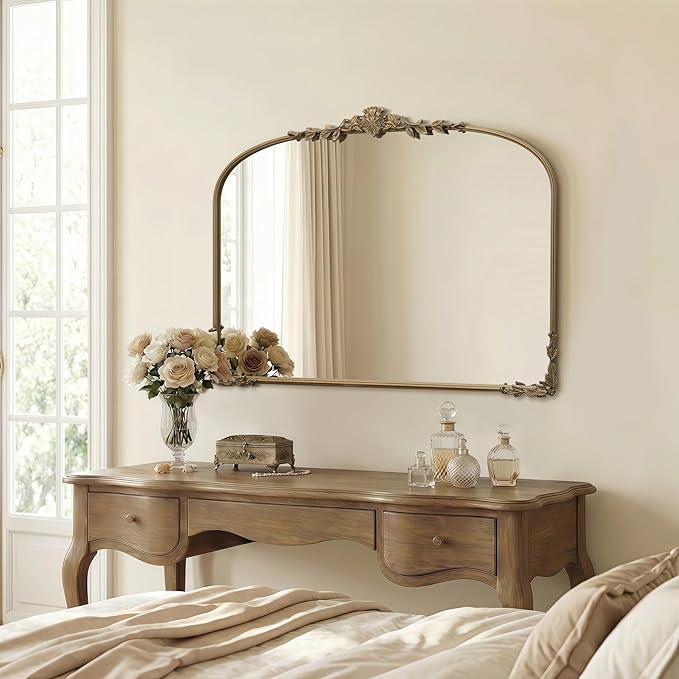 Besdomus Large Gold Arched Mirror: 40"x30" Matt Gold Baroque Vintage Wall Mirror - Traditional Ornate Antique for Bedroom/Fireplace/Entryway/Bathroom/Living Room - Ideal for Fashion-Conscious