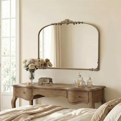 Besdomus Large Gold Arched Mirror: 40"x30" Matt Gold Baroque Vintage Wall Mirror - Traditional Ornate Antique for Bedroom/Fireplace/Entryway/Bathroom/Living Room - Ideal for Fashion-Conscious