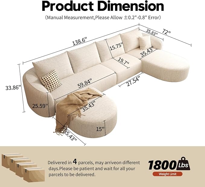 Settab 138.6" Modular Sectional Couches Luxury Modern Curved Back U-Shape Sofa Set with Ottoman,Minimalist Comfy Boneless Cloud Couch for Living Room Apartment,(Right Facing Chaise,White)
