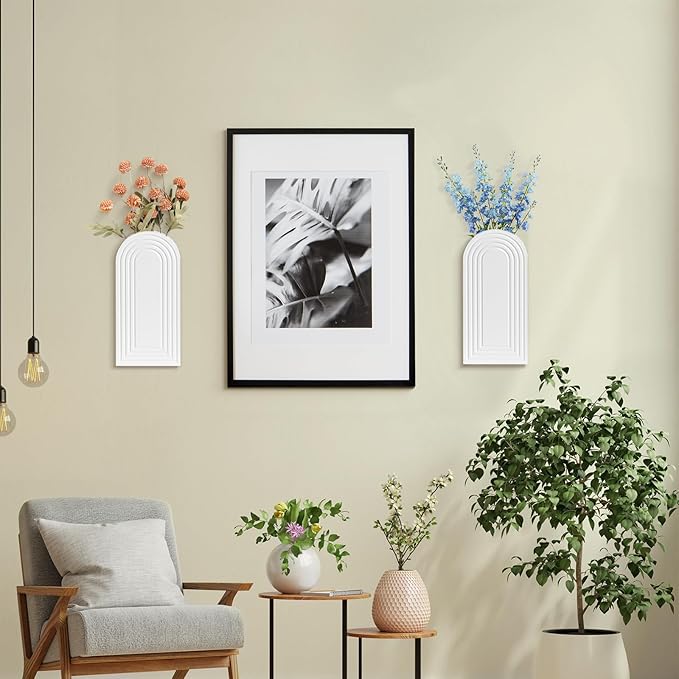Wall Planter for Indoor Plants, Wood Wall Decor Hanging Planter, Wall Vases for Decor Dried Flowers and Faux Greenery, Set of 2 Farmhouse Wall Vase for Living Room, Bedroom, White