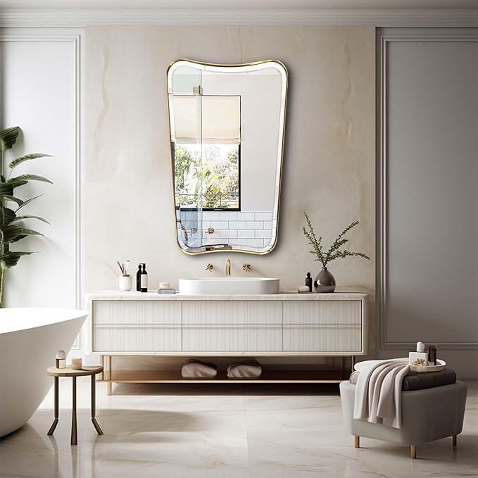 POZINO Brushed Gold Beveled Mirrors, 24"x40" Bathroom Vanity Mirror for Over Sink, Butterfly Shaped Mirrors Decorative, Modern Rectangle Aesthetic Wall Mirror for Living Room Bedroom Hallway Entryway