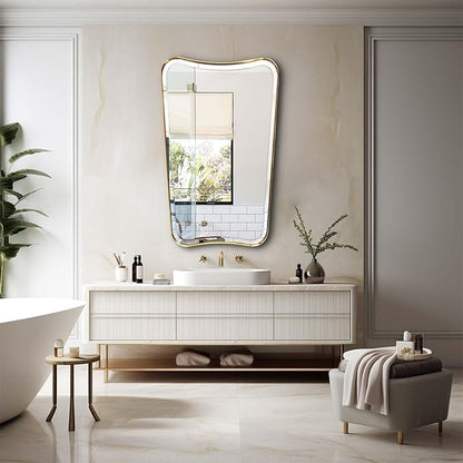 POZINO Brushed Gold Beveled Mirrors, 24"x40" Bathroom Vanity Mirror for Over Sink, Butterfly Shaped Mirrors Decorative, Modern Rectangle Aesthetic Wall Mirror for Living Room Bedroom Hallway Entryway