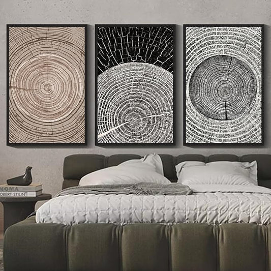 PHOPAGO Vintage Wood Tree Rings Wall Art Large 24x36in Farmhouse Rustic Framed Canvas Paintings Living Room Bedroom Decor Nature Artwork Black Framed