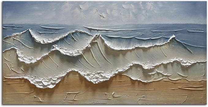 Slyart Abstract Blue Ocean Wave Wall Art, Textured Oil Painting on Canvas Relief Wall Art, 24" x 48" Abstract Modern Sea Artwork Wall, Neutral Wall Decor