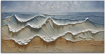 Slyart Abstract Blue Ocean Wave Wall Art, Textured Oil Painting on Canvas Relief Wall Art, 24" x 48" Abstract Modern Sea Artwork Wall, Neutral Wall Decor