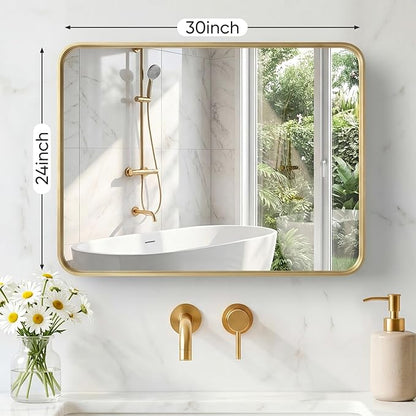 NEWBULIG 24X30 Inch Bathroom Mirror for Over Sink, Wall Vanity Mirrors Tempered Glass, Anti-Rust Metal Framed Rounded Rectangle, Hangs Horizontally or Vertically, Farmhouse Home Decor, Gold