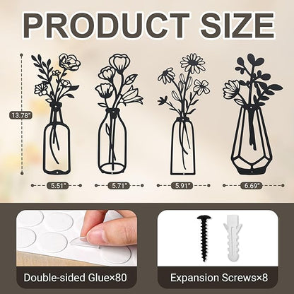 ZOES HOMDECO 4 Pcs Metal Flowers Wall Art Modern Farmhouse Decor Black Bathroom Wall Decor, Housewarming Gifts for Living Room Kitchen Bedroom Dining Room Office