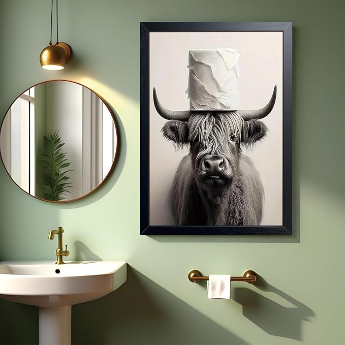 ARKZSHO Black and White Bathroom Wall Art, Funny Highland Cow Canvas Poster Print Picture, Modern Farmhouse Wall Decor Painting, Cute Animal Bathroom Restroom Home Decoration 16x24 Inch Wood Framed