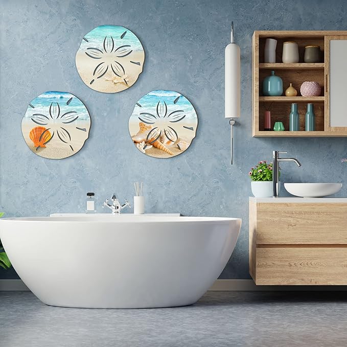 Tatuo 3 Pcs Summer Coastal Wall Decor Bathroom Beach Blue Wall Art Sea Turtle Surfboard Seahorse Starfish Seashell Conches Crabs Sea Life Decor for Bedroom Home (Sand Dollar Style)