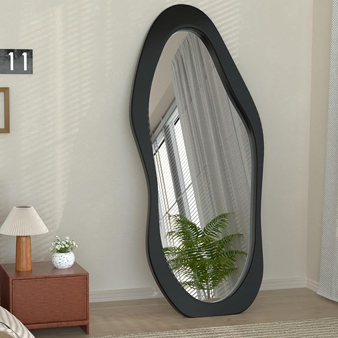 67"x 30" Irregular Wavy Full Length Mirror Black Wooden Framed Full Body Mirror Hanging/Leaning Wall Mounted Mirrors for Bedroom Living Room Cloakroom