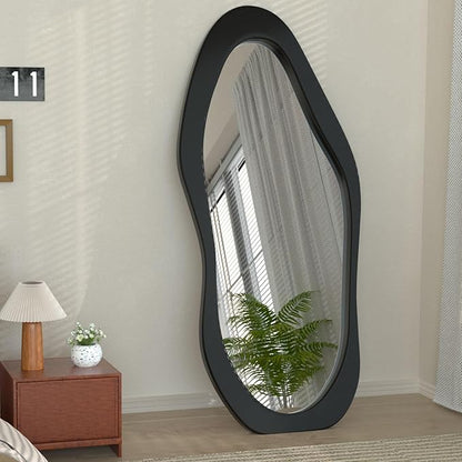 67"x 30" Irregular Wavy Full Length Mirror Black Wooden Framed Full Body Mirror Hanging/Leaning Wall Mounted Mirrors for Bedroom Living Room Cloakroom