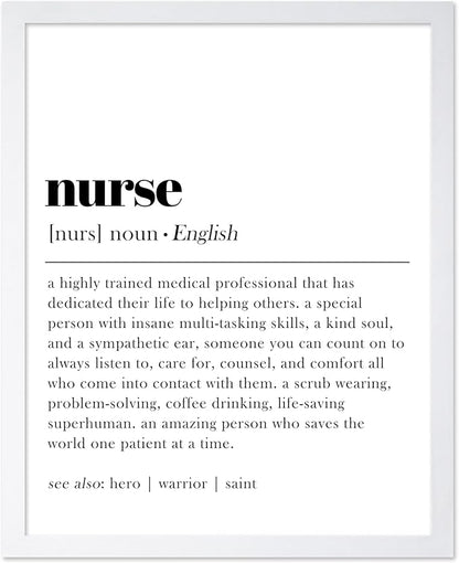 Poster Master Typography Poster - Dictionary Print - Nurse Definition, Amazing Person Who Saves the World, Hero, Saint - Gift for Friend - Wall Decor for Home, Hospital, 11x14 White Framed
