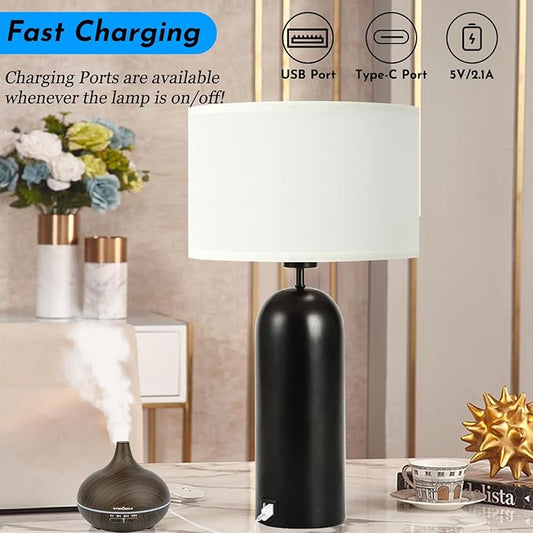 MoMyofdy 22-inch Tall Table Lamps - Set of 2 Black & White Touch Control 3-Way Dimmable Lamps with USB A+C Ports for Bedroom or Living Room