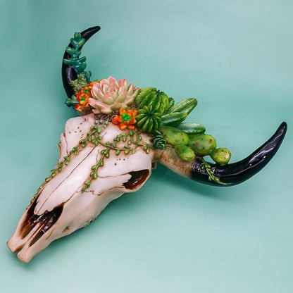 alikiki Rustic Western Home Decor - Tribal Wall Decor Western Long Horn Bull Skull Wall Decor Cow Buffalo Skull Bison Animal Head Wall Hanging Wall Arts w/Succulents for Bedroom Living Room Cold Cast Resin Figurines