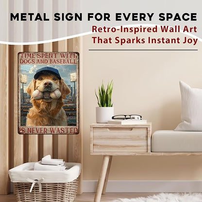 Baseball Fan Cave Wall Art Metal Tin Sign with Dogs Vintage Retro Plaque Rustic Decor for Sports Bar Game Room Basement 12x16inch