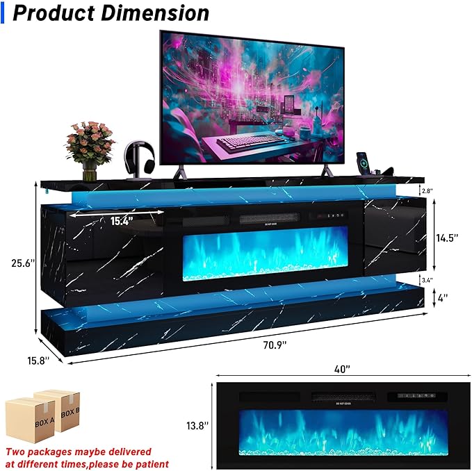 chartustriable 71IN LED TV Stands w/40 inch Fireplace Power Outlet for 85/80/75 Inch TVs,High Glossy Modern TV Media Console Gaming with 2 Storage Cabinets,Dual LED Lights,Black Marble