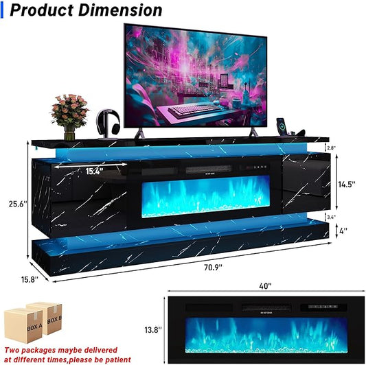 chartustriable 71IN LED TV Stands w/40 inch Fireplace Power Outlet for 85/80/75 Inch TVs,High Glossy Modern TV Media Console Gaming with 2 Storage Cabinets,Dual LED Lights,Black Marble