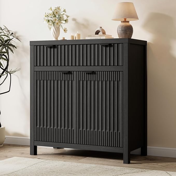 Fatmok Fluted Buffet Cabinet with Storage, 34" Tall Modern Arched Sideboard Cabinet w/AdjustableShelves,Wooden Modular Coffee Bar for Dining Room, Kitchen, Living Room, Entryway, Black