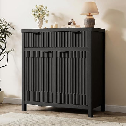 Fatmok Fluted Buffet Cabinet with Storage, 34" Tall Modern Arched Sideboard Cabinet w/AdjustableShelves,Wooden Modular Coffee Bar for Dining Room, Kitchen, Living Room, Entryway, Black