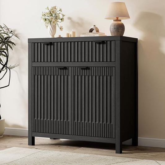 Fatmok Fluted Buffet Cabinet with Storage, 34" Tall Modern Arched Sideboard Cabinet w/AdjustableShelves,Wooden Modular Coffee Bar for Dining Room, Kitchen, Living Room, Entryway, Black