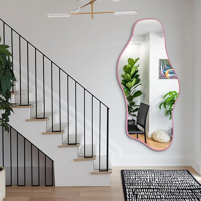 Large Irregular Mirror, 63"x30" Asymmetrical Tempered Glass Mirror Full Length, Pink Organic Frameless Wall Mirrors for Living Room Bedroom Hallway Entryway, Horizontal or Vertical Hanging