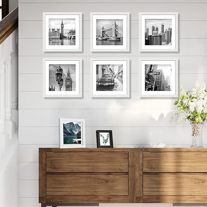 Hongkee 10x10 White Picture Frames set of 3, Made of Wooden and Real Glass Square Photo frame - Displays 8x8 Picture With Mat or 10 x 10 Without Mat, Desktop & Wall Collage Frame set